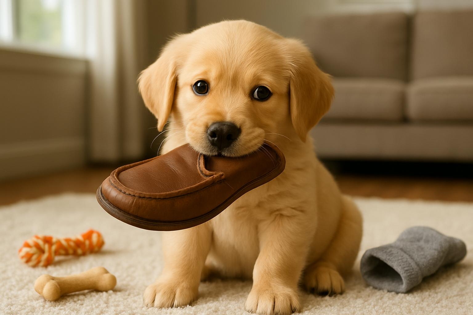 A puppy playfully chewing a slipper in the middle of a messy living room.