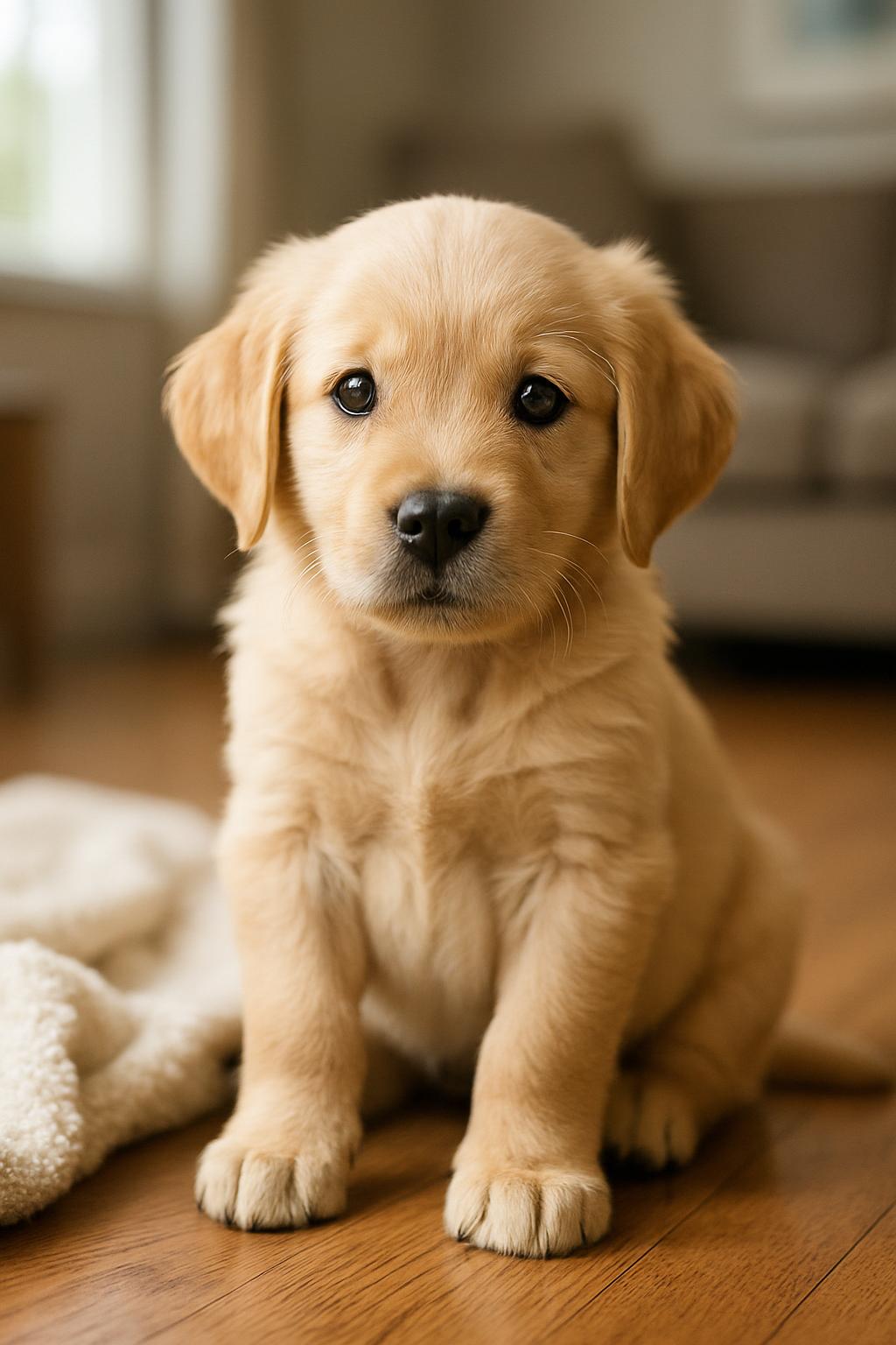 Biscuit, an 8-week-old golden retriever puppy, looking up curiously.