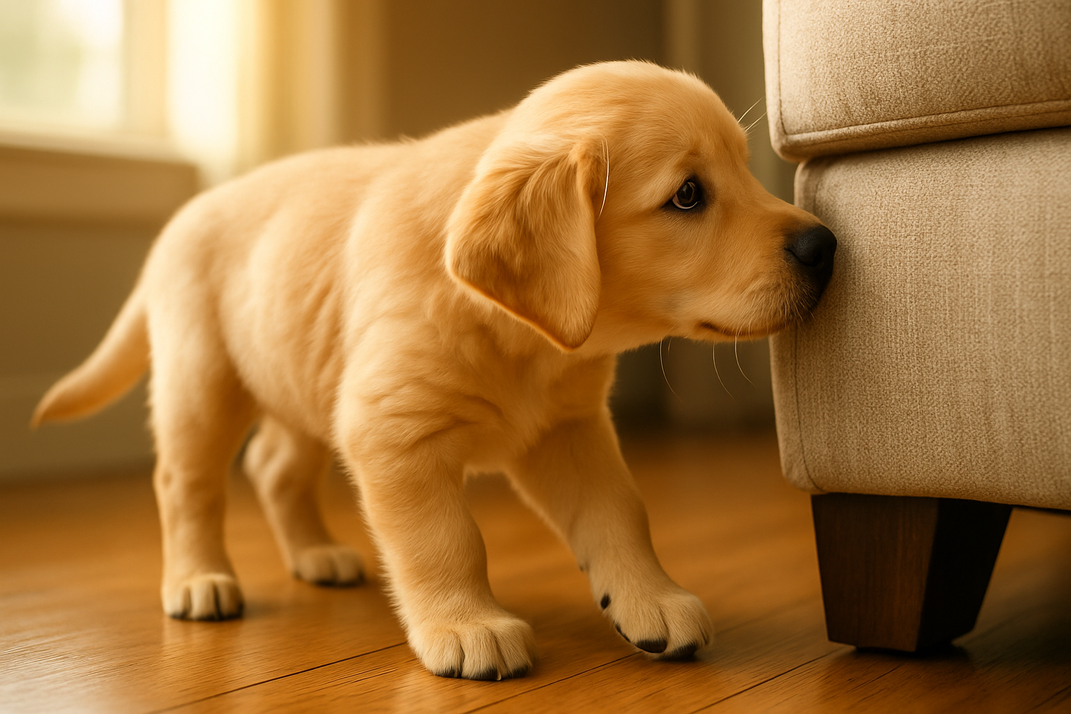 A puppy gently exploring a new home.