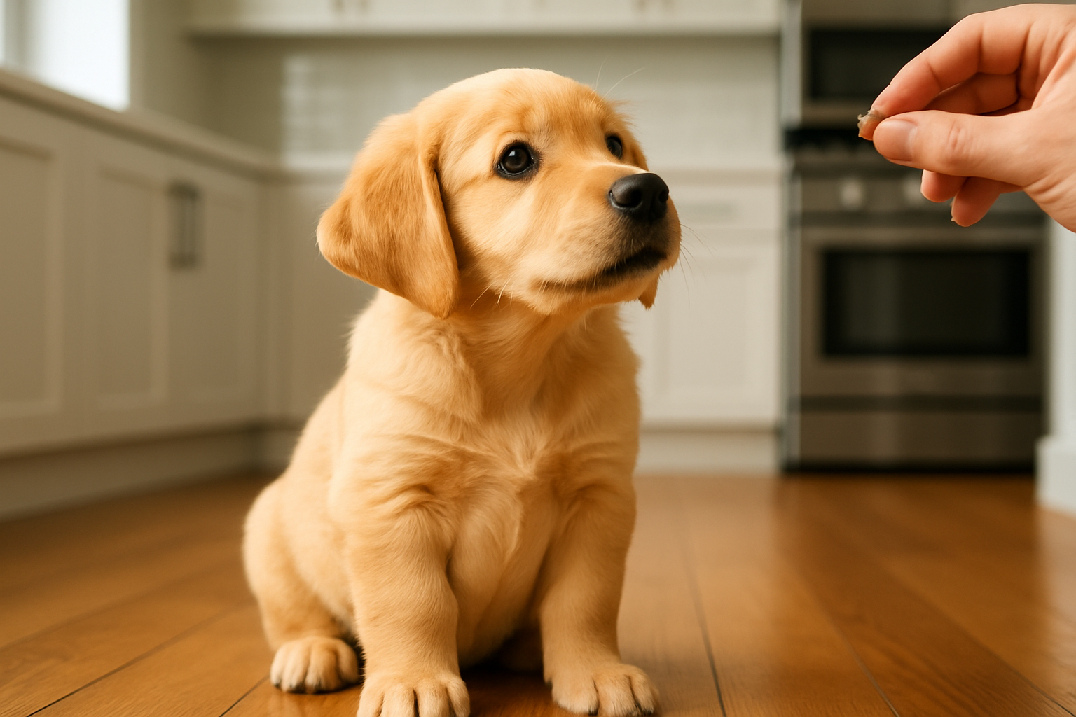 A puppy sitting attentively, looking at a treat.