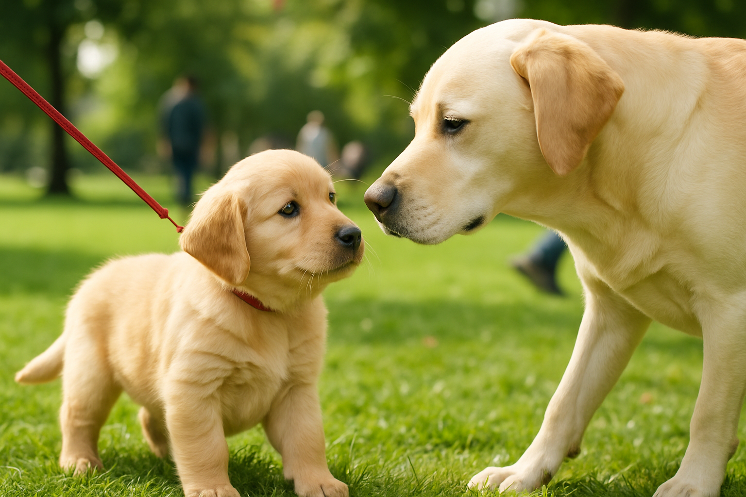 A puppy on a leash meeting a calm adult dog in a park.