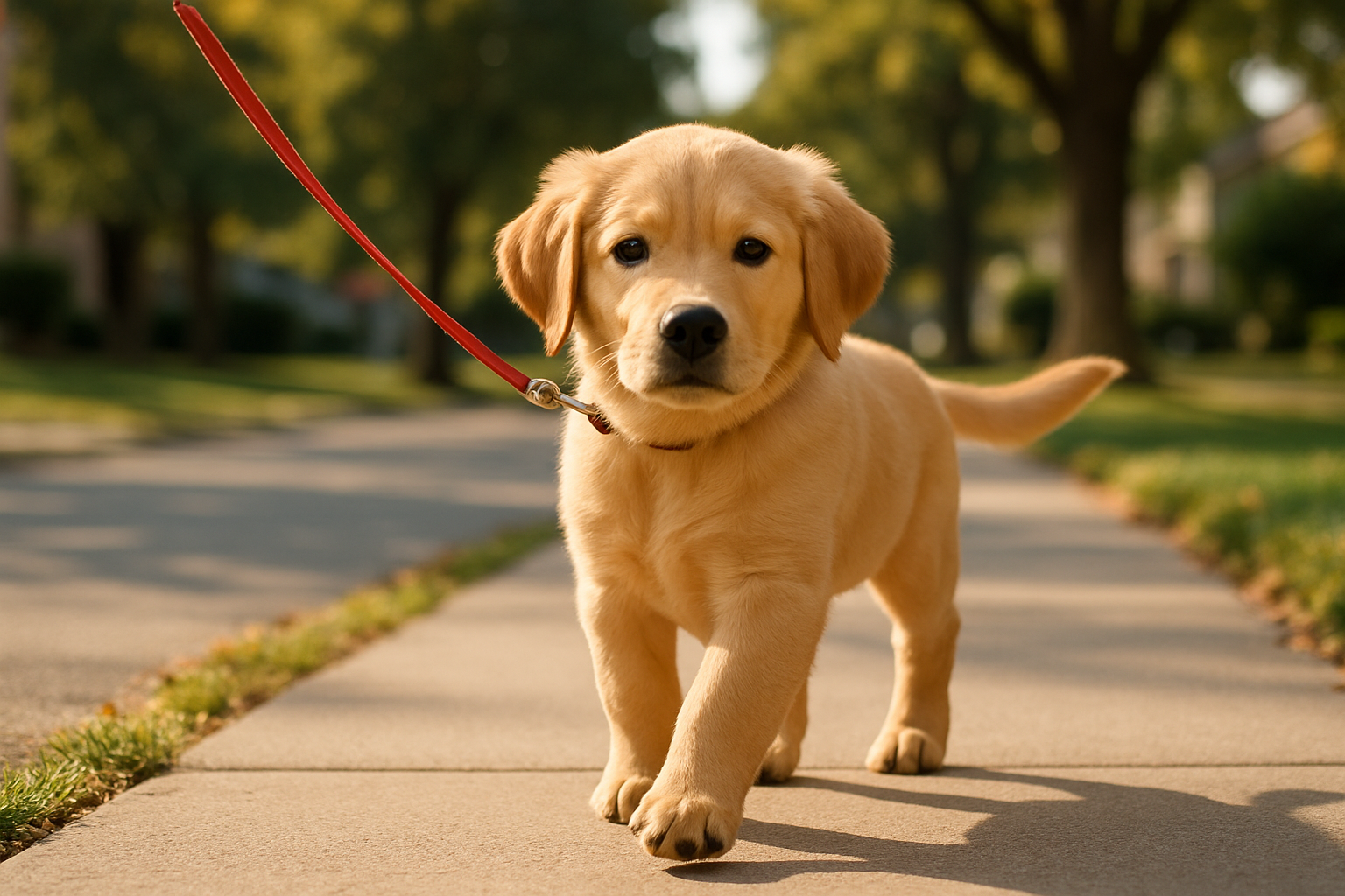 A puppy walking confidently on a sidewalk.